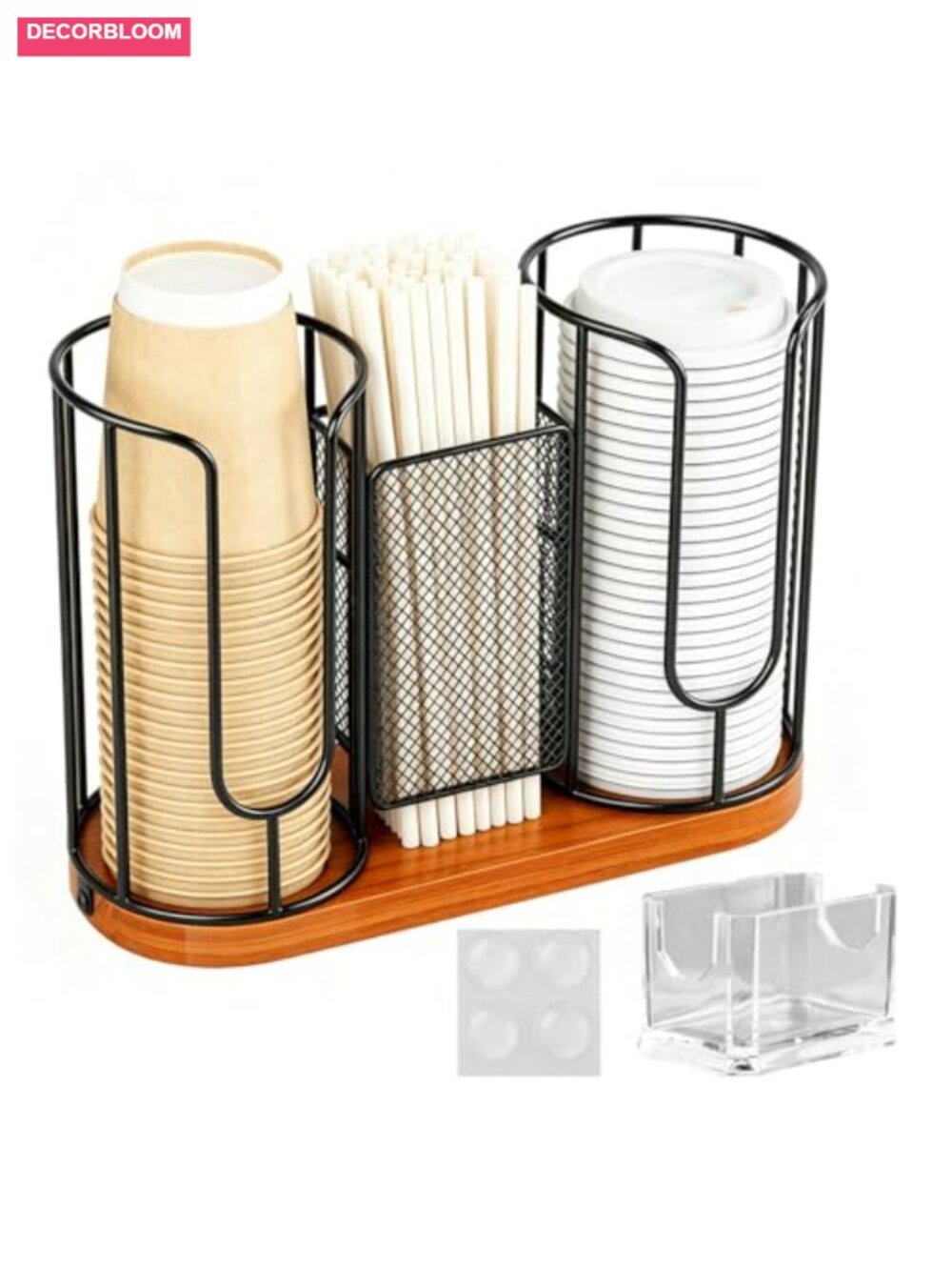 Coffee Cup and Lid Holder for Countertop with Wood Base, 3 Compartment Cup